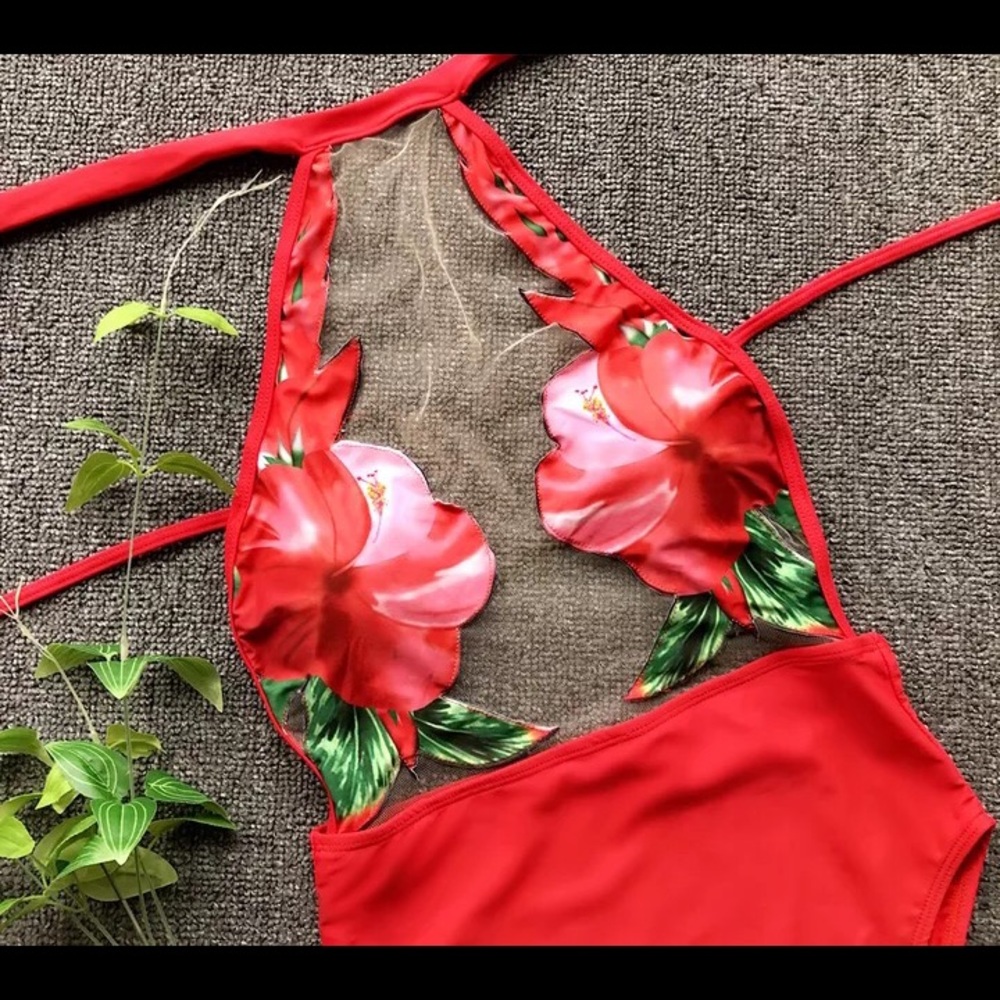 Red Floral & Mesh Swimsuit - Picture 3 of 6